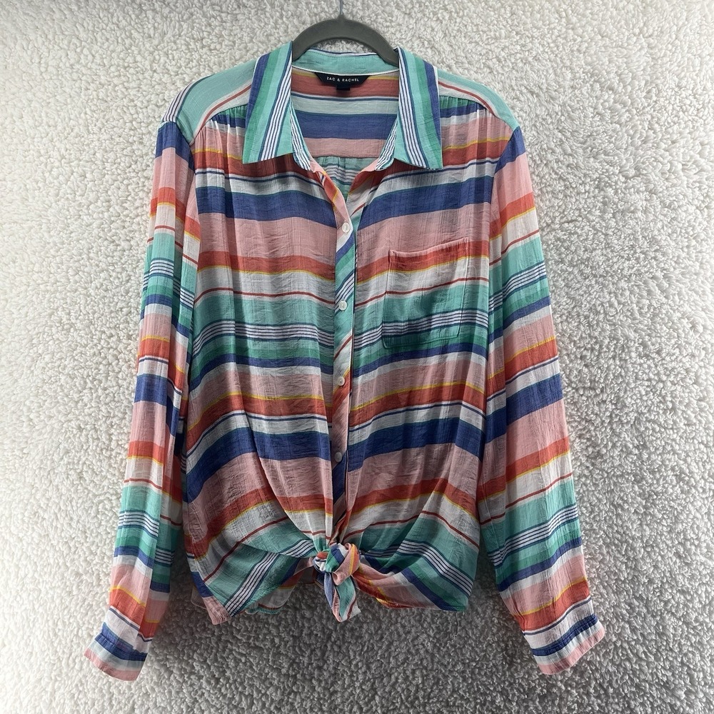 Zac & Rachel Women's Top Size XL Striped Lightweight Button Up Tie Front Coastal